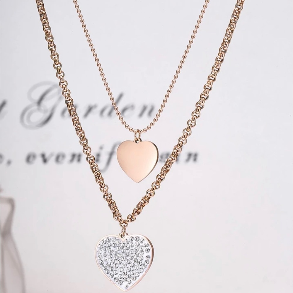 Rhinestone heart drop double chain necklace